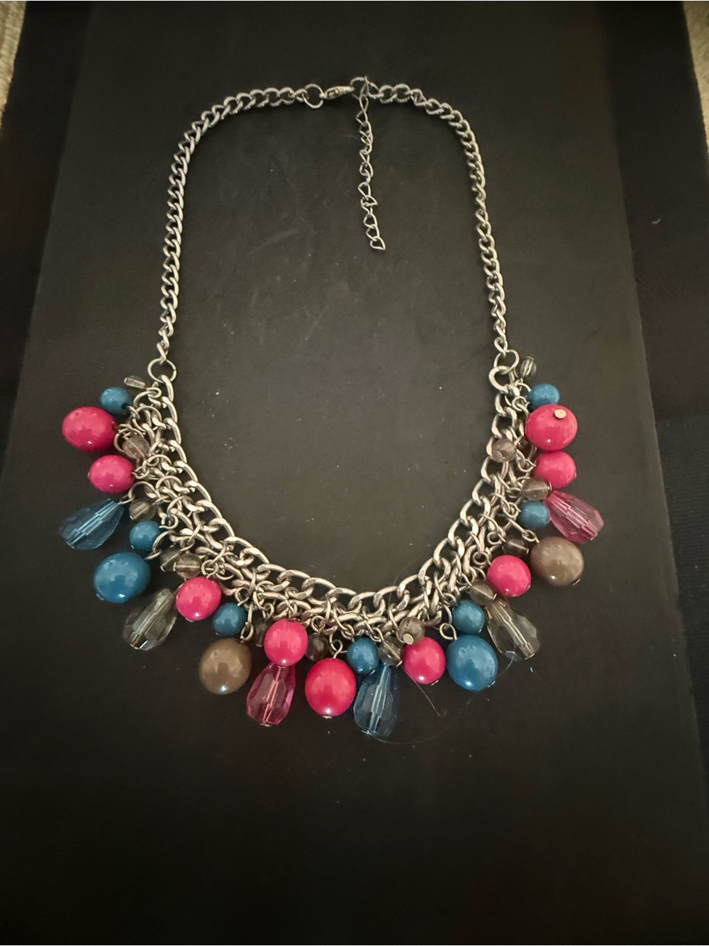 Statement Multicolor Beaded Chain Necklace - Pink & Blue & Army Green